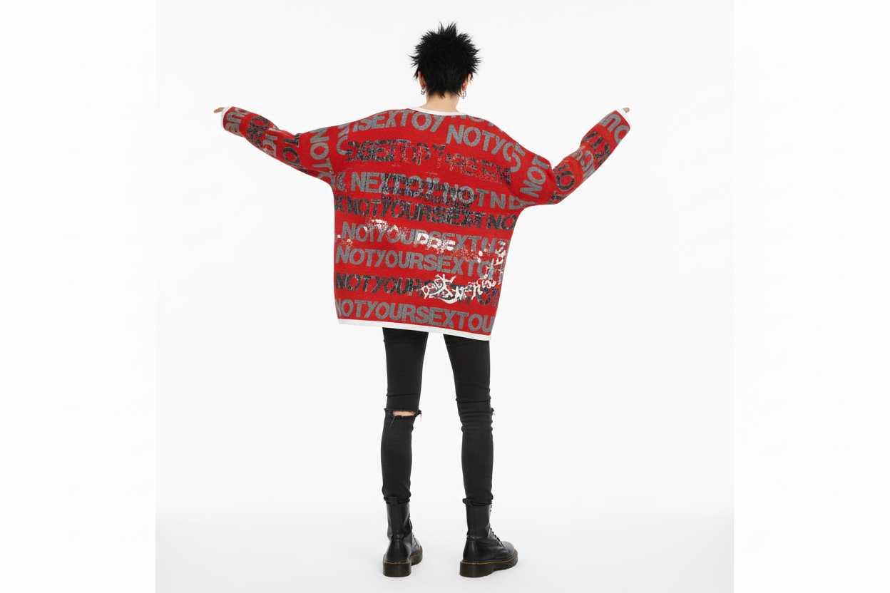 DARK URCHIN 'STOP PRESS NOT YOUR SEX TOY' Grey & Black on Red. Women’s straight bottom knitted sweater. XL