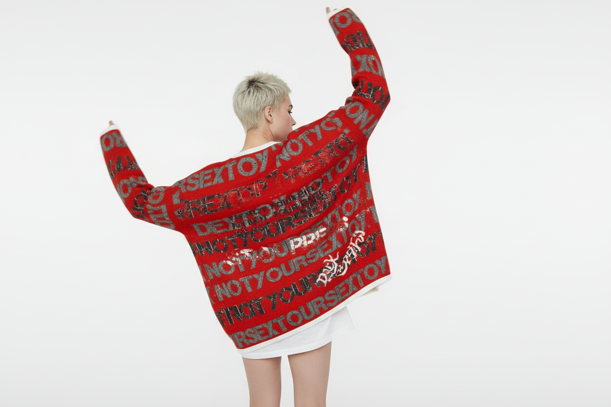 DARK URCHIN 'STOP PRESS NOT YOUR SEX TOY' Grey & Black on Red. Women’s straight bottom knitted sweater. XL