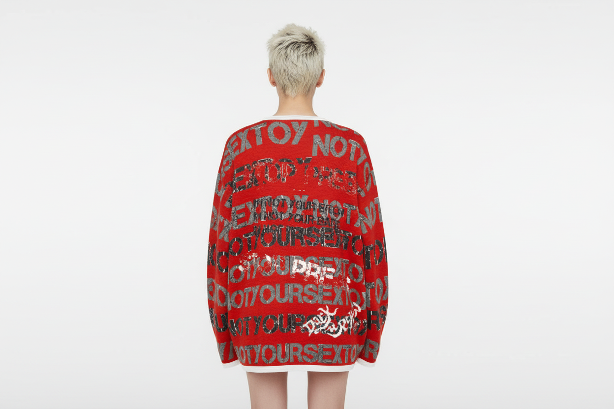 DARK URCHIN 'STOP PRESS NOT YOUR SEX TOY' Grey & Black on Red. Women’s straight bottom knitted sweater. XL