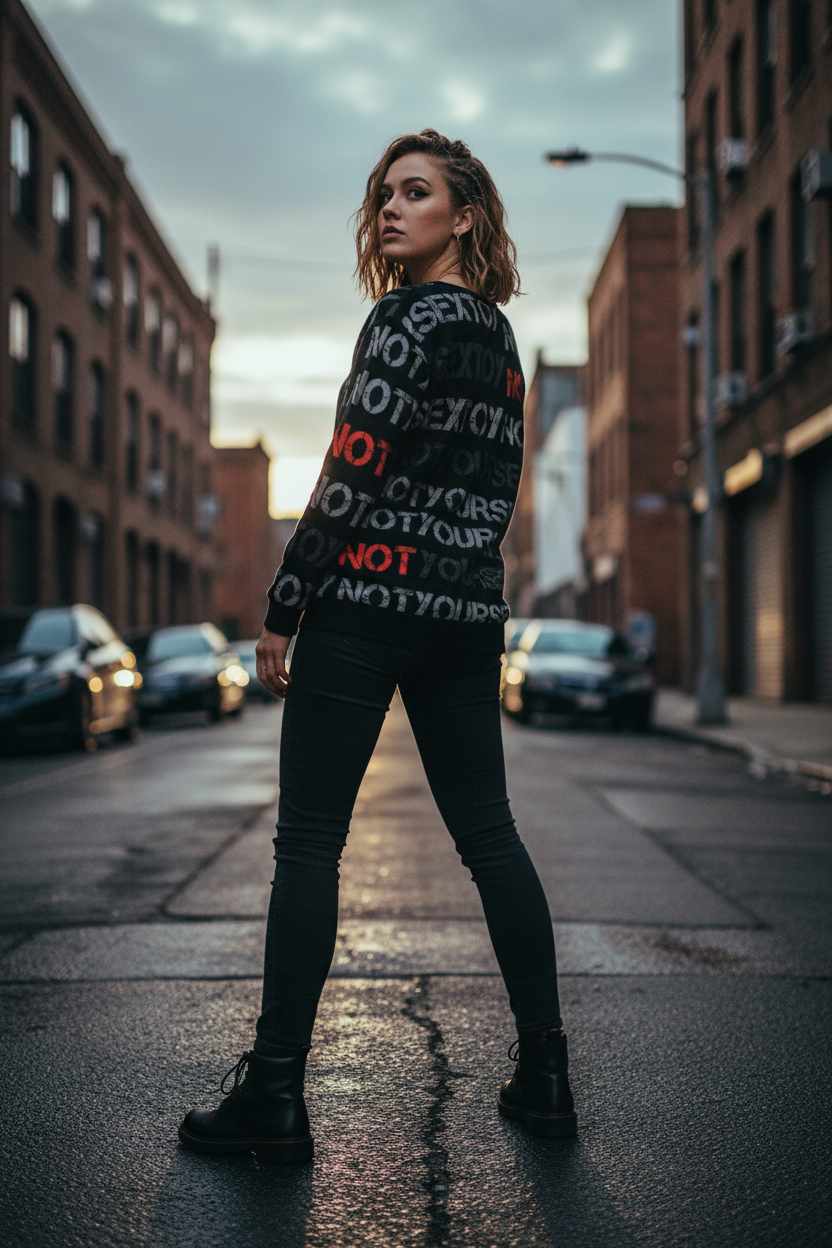 DARK URCHIN 'NOT YOUR SEX TOY' Grey & Red on Black. Women’s straight bottom knitted sweater.