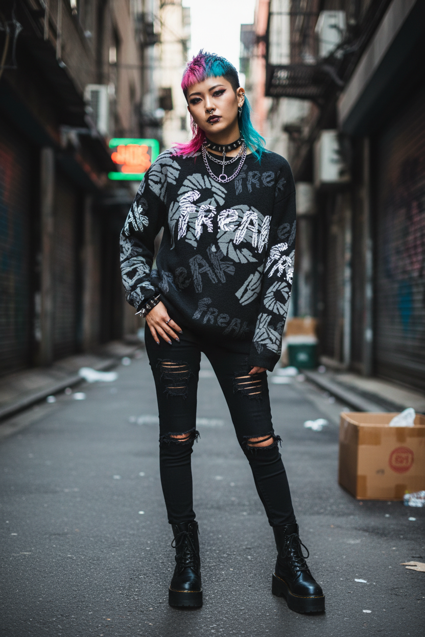 DARK URCHIN 'FReAK FReAK' Women’s straight bottom knitted sweater. XL