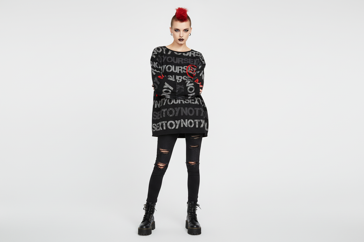 DARK URCHIN 'NOT YOUR SEX TOY' Grey & Red on Black. Women’s straight bottom knitted sweater.