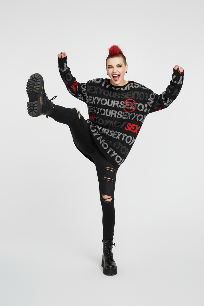 DARK URCHIN 'NOT YOUR SEX TOY' Grey & Red on Black. Women’s straight bottom knitted sweater.