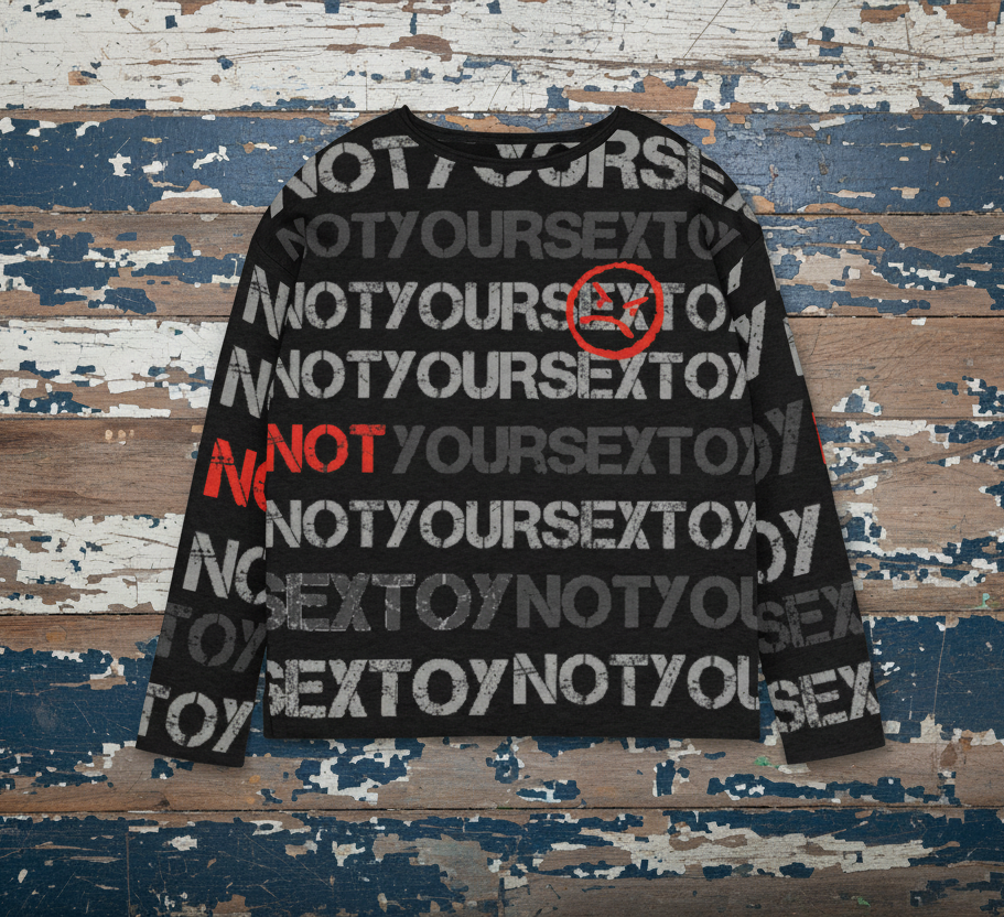 DARK URCHIN 'NOT YOUR SEX TOY' Grey & Red on Black. Women’s straight bottom knitted sweater.