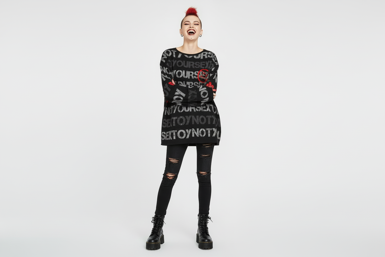DARK URCHIN 'NOT YOUR SEX TOY' Grey & Red on Black. Women’s straight bottom knitted sweater.