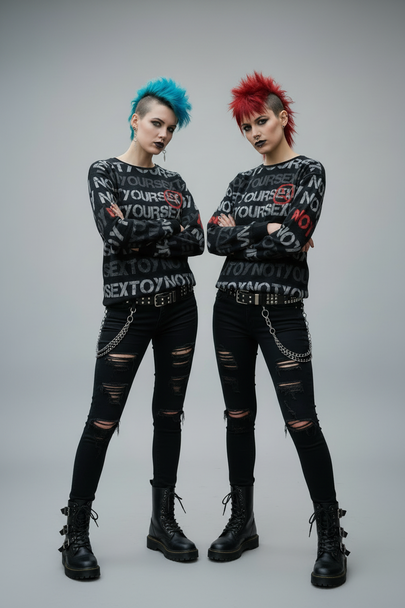 DARK URCHIN 'NOT YOUR SEX TOY' Grey & Red on Black. Women’s straight bottom knitted sweater.