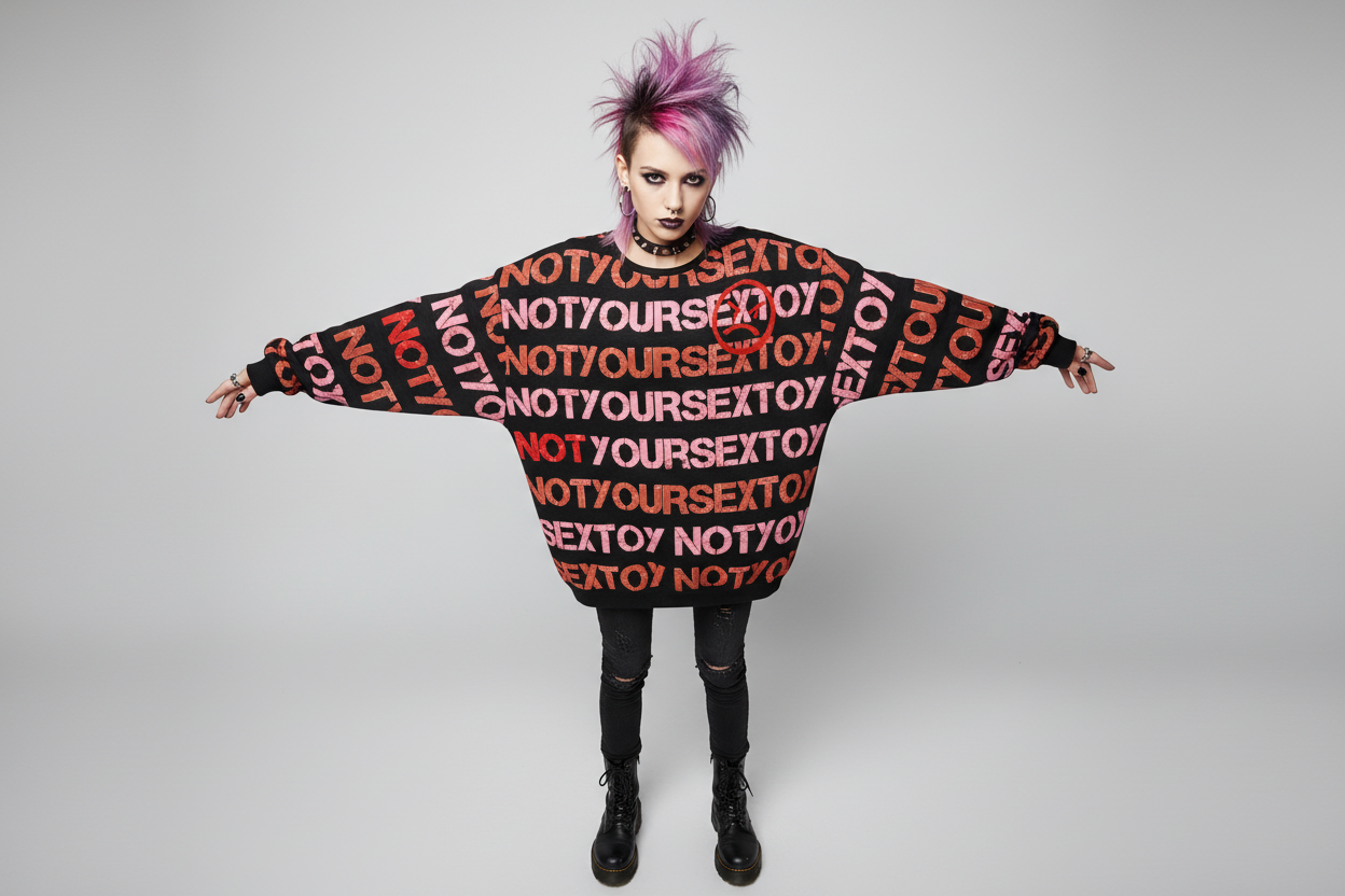 DARK URCHIN 'NOT YOUR SEX TOY' Pink & Red on Black. Women’s straight bottom knitted sweater. XL