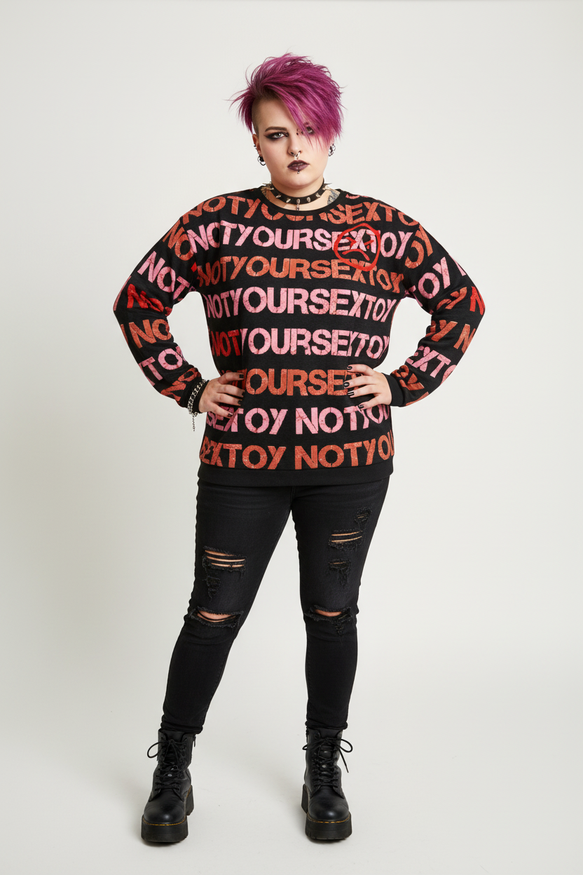 DARK URCHIN 'NOT YOUR SEX TOY' Pink & Red on Black. Women’s straight bottom knitted sweater. XL
