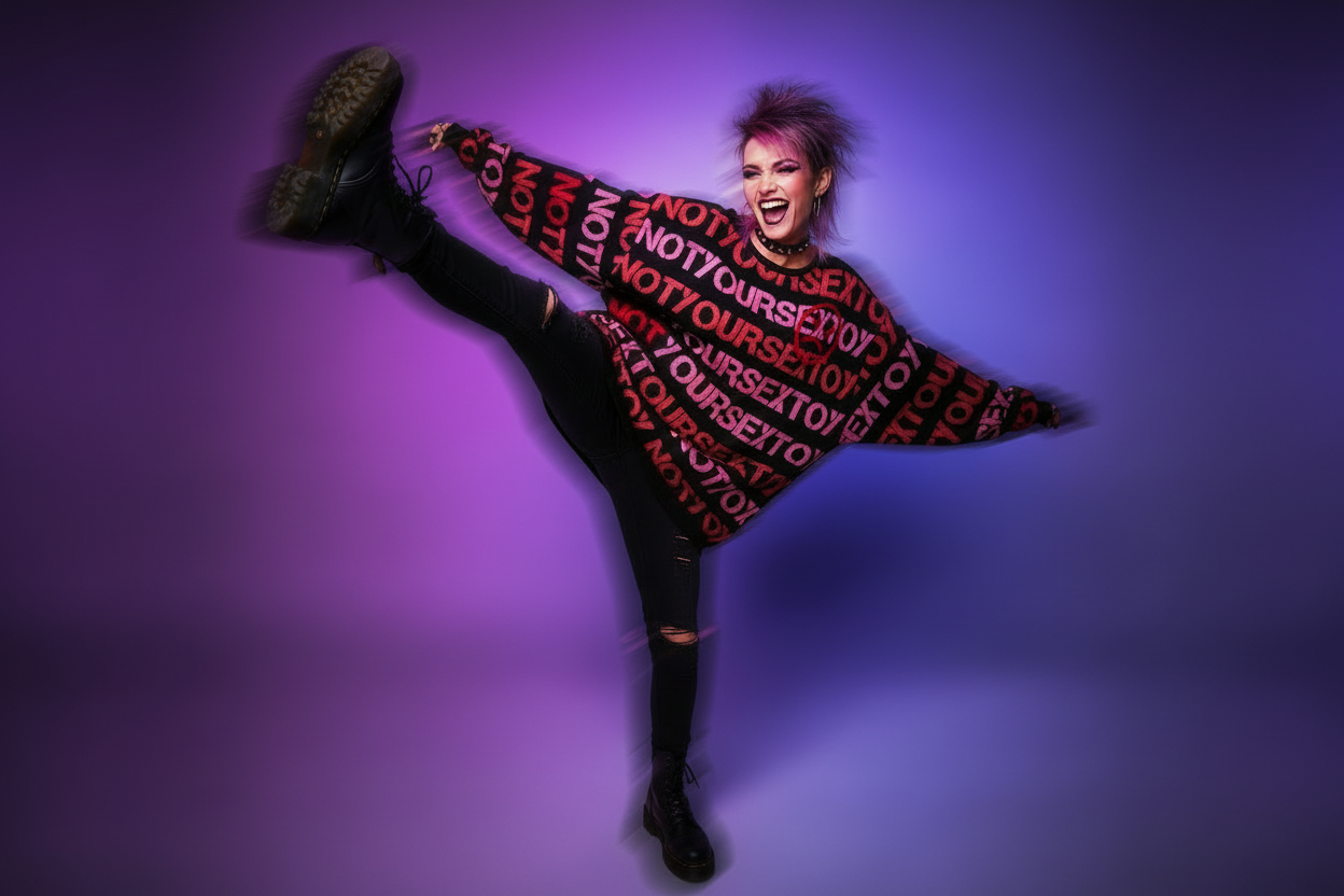 DARK URCHIN 'NOT YOUR SEX TOY' Pink & Red on Black. Women’s straight bottom knitted sweater. XL
