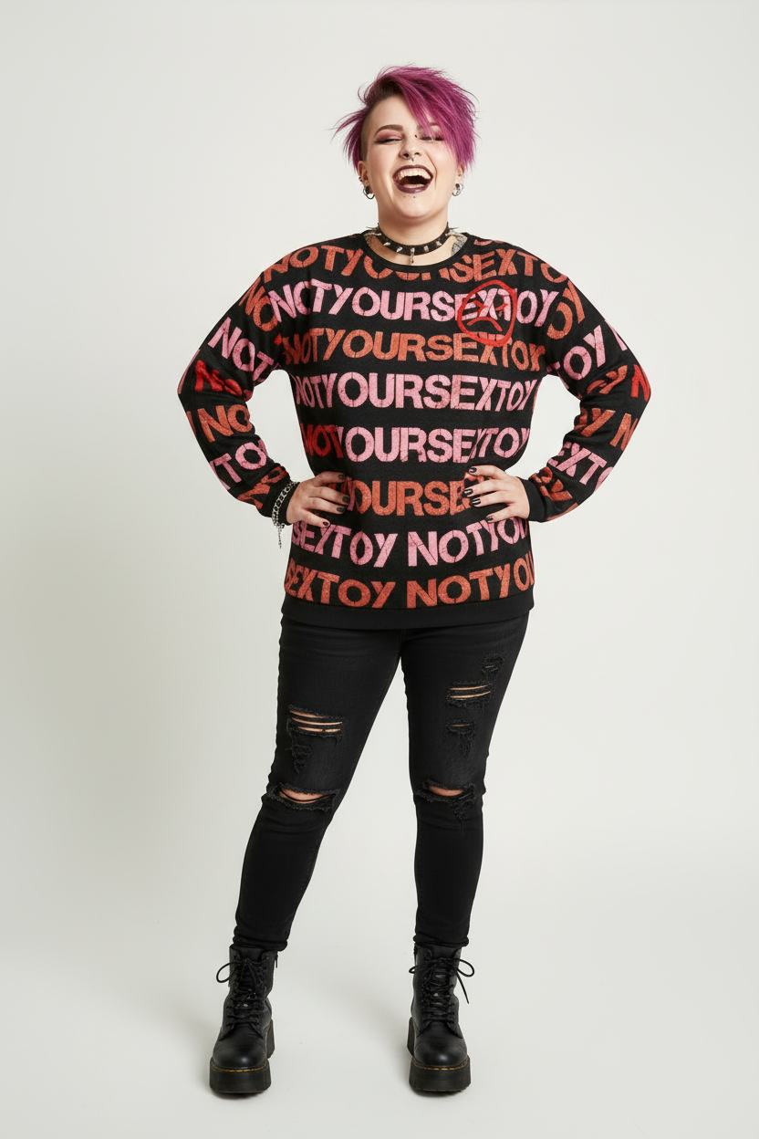 DARK URCHIN 'NOT YOUR SEX TOY' Pink & Red on Black. Women’s straight bottom knitted sweater. XL