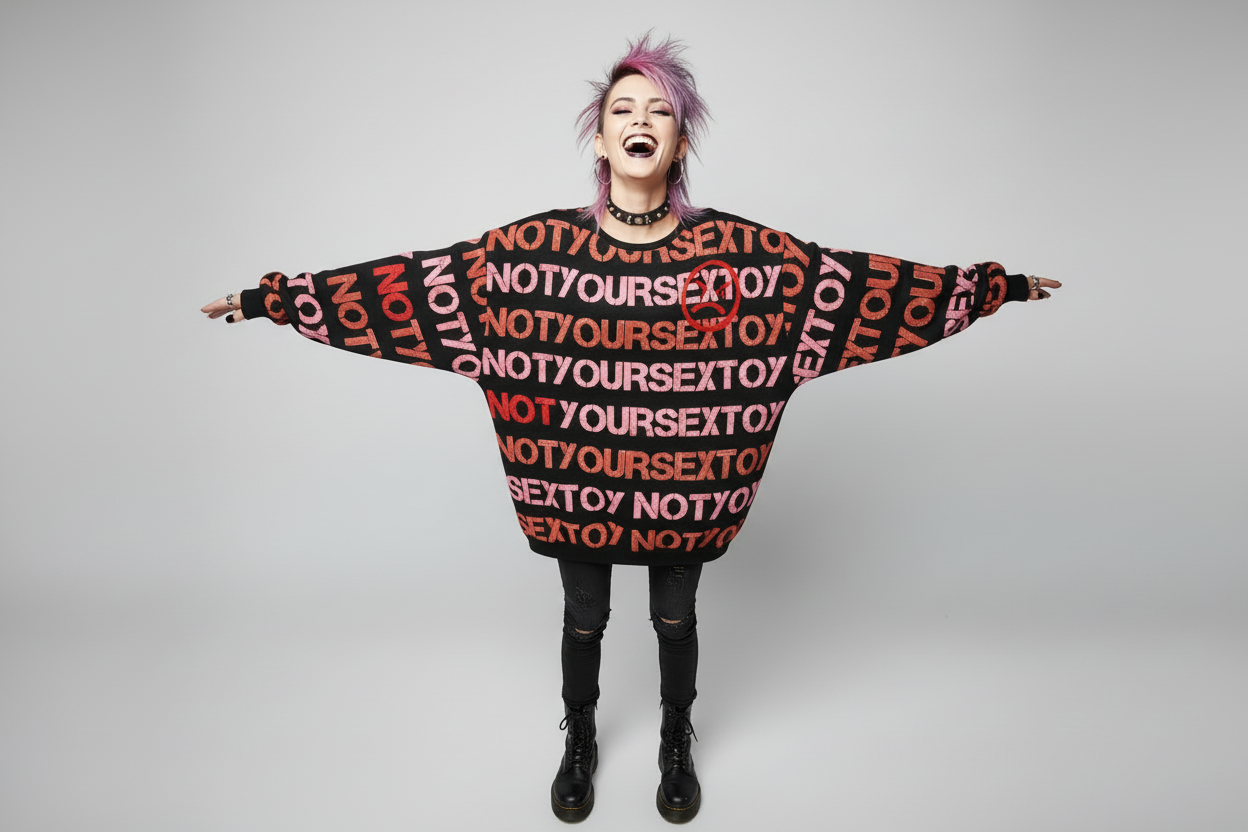DARK URCHIN 'NOT YOUR SEX TOY' Pink & Red on Black. Women’s straight bottom knitted sweater. XL