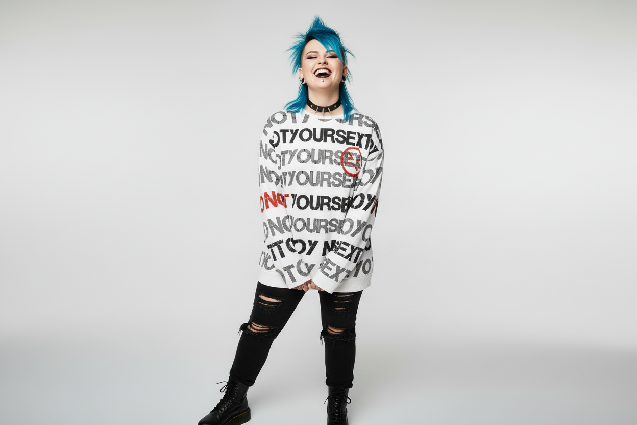 DARK URCHIN 'NOT YOUR SEX TOY' Grey & Red on White. Women’s straight bottom knitted sweater. XL
