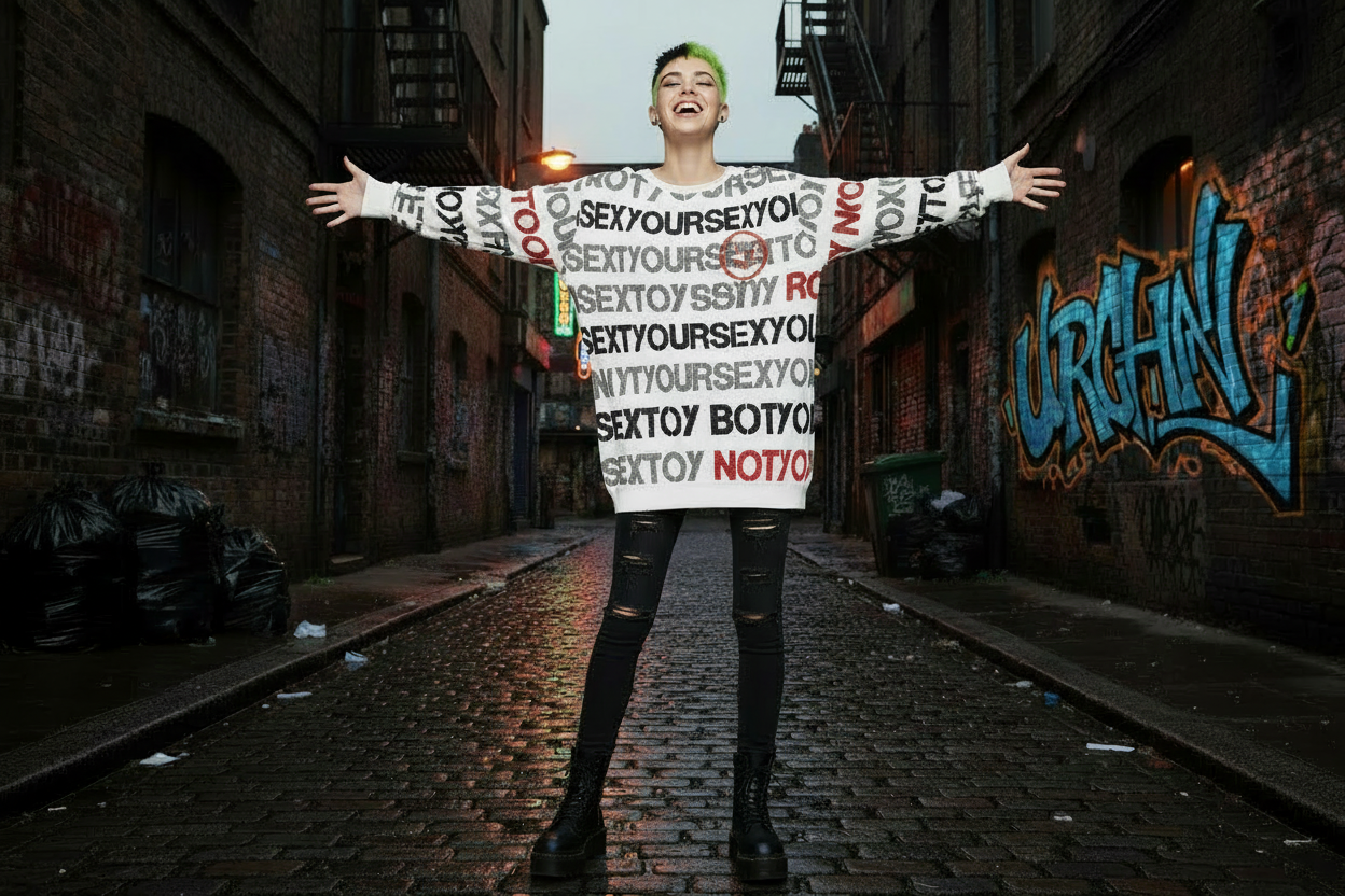 DARK URCHIN 'NOT YOUR SEX TOY' Grey & Red on White. Women’s straight bottom knitted sweater. XL