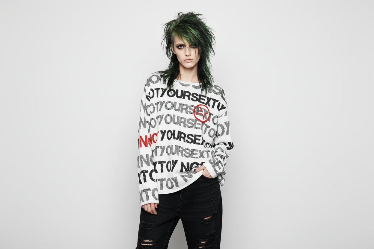 DARK URCHIN 'NOT YOUR SEX TOY' Grey & Red on White. Women’s straight bottom knitted sweater. XL