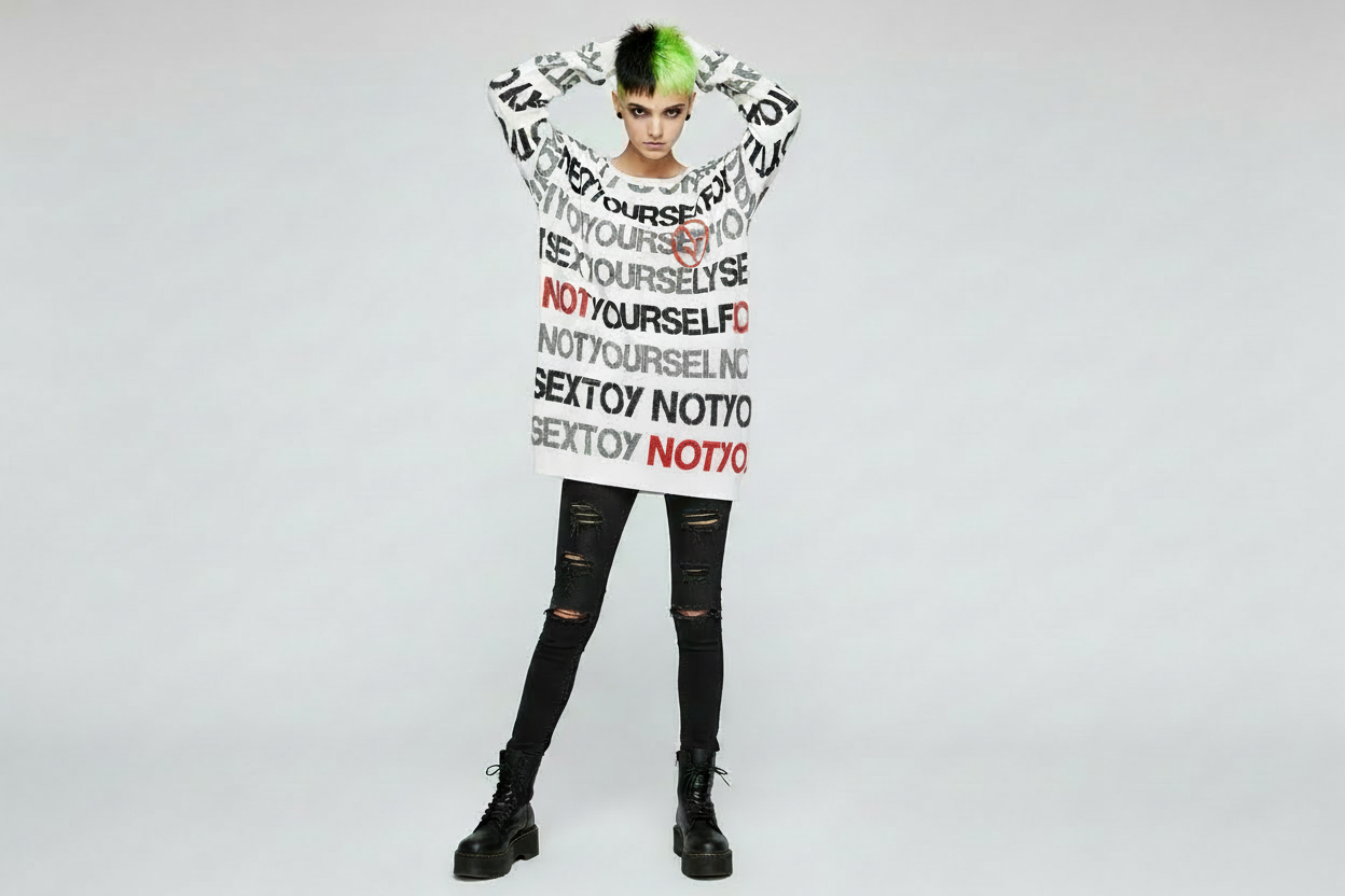 DARK URCHIN 'NOT YOUR SEX TOY' Grey & Red on White. Women’s straight bottom knitted sweater. XL