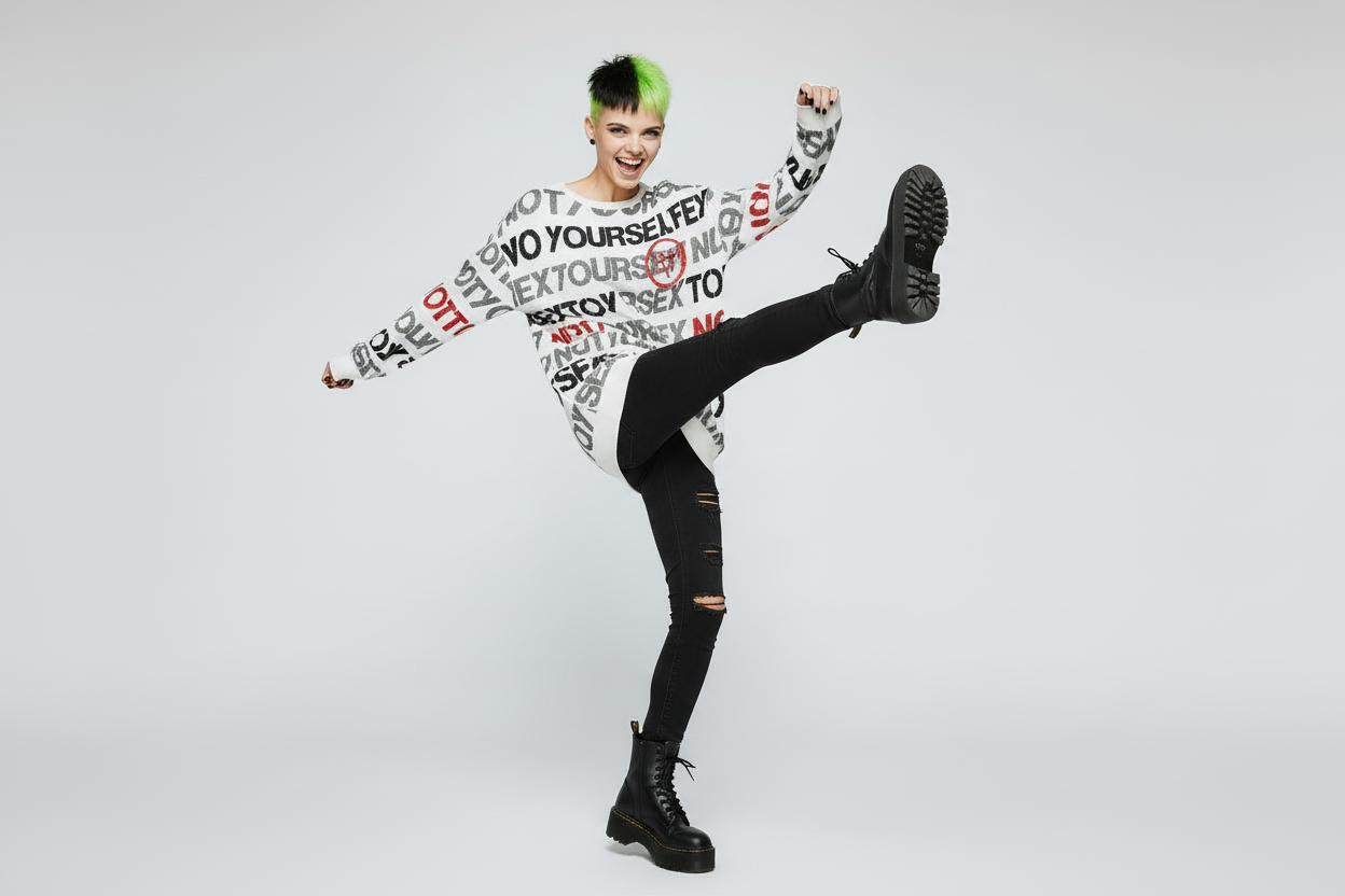 DARK URCHIN 'NOT YOUR SEX TOY' Grey & Red on White. Women’s straight bottom knitted sweater. XL