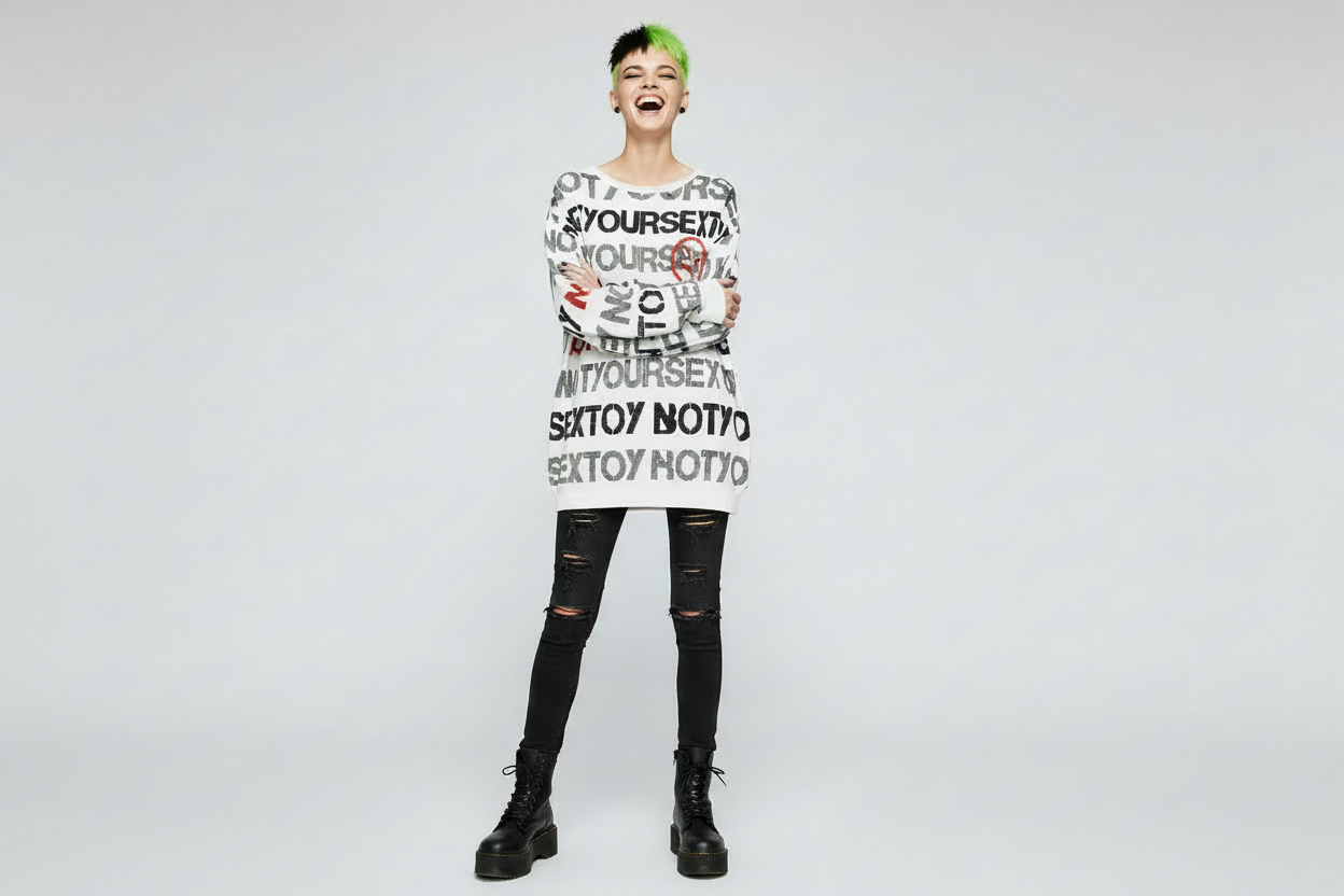 DARK URCHIN 'NOT YOUR SEX TOY' Grey & Red on White. Women’s straight bottom knitted sweater. XL