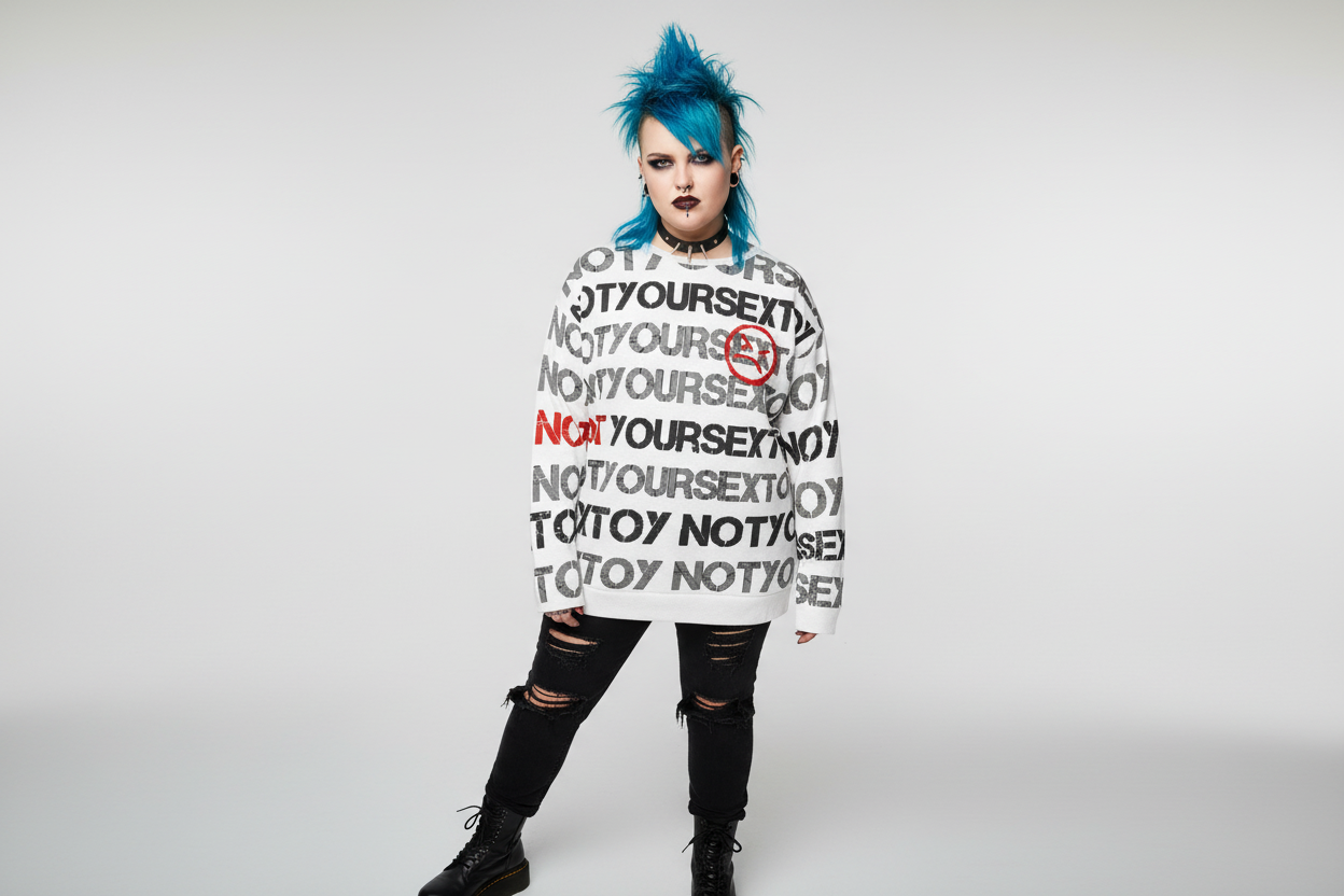 DARK URCHIN 'NOT YOUR SEX TOY' Grey & Red on White. Women’s straight bottom knitted sweater. XL