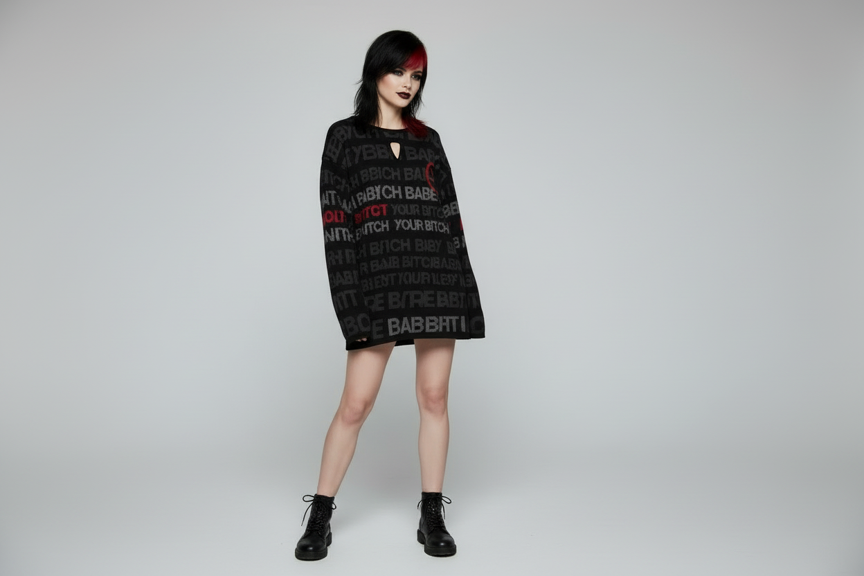 DARK URCHIN 'NOT YOUR B**CH' Grey & Red on Black. Women’s straight bottom knitted sweater. XL