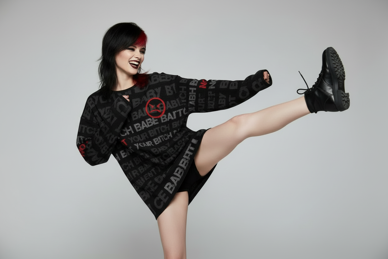 DARK URCHIN 'NOT YOUR B**CH' Grey & Red on Black. Women’s straight bottom knitted sweater. XL