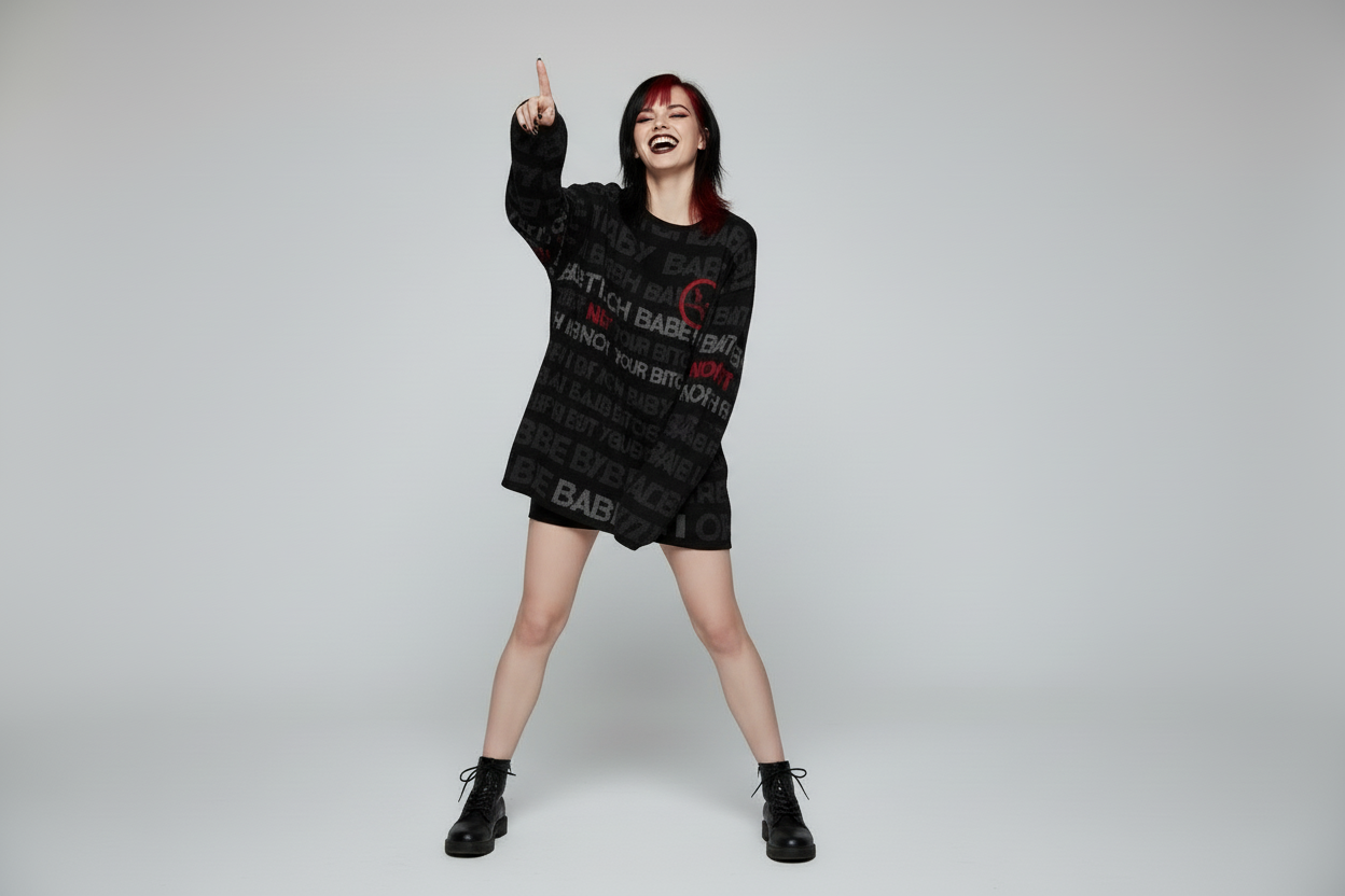 DARK URCHIN 'NOT YOUR B**CH' Grey & Red on Black. Women’s straight bottom knitted sweater. XL