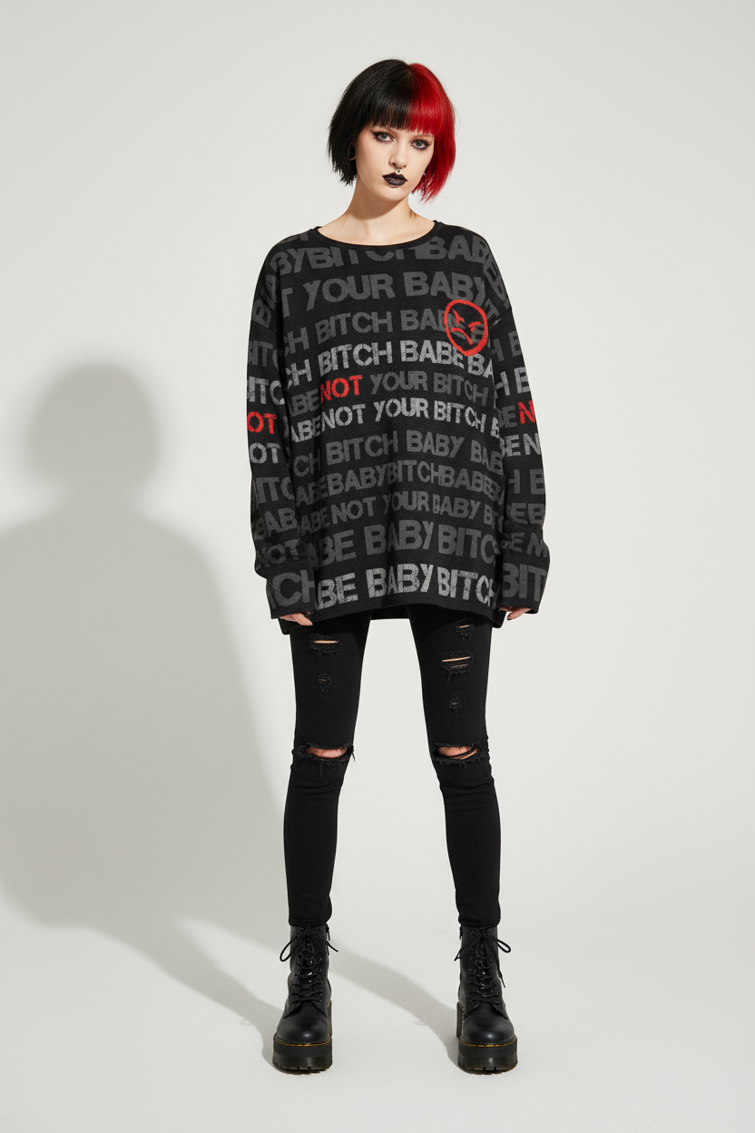 DARK URCHIN 'NOT YOUR B**CH' Grey & Red on Black. Women’s straight bottom knitted sweater. XL
