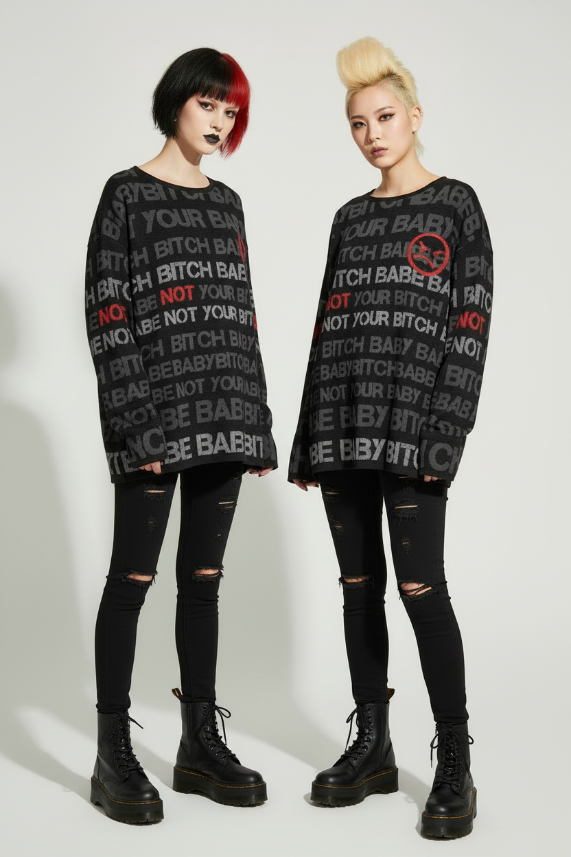 DARK URCHIN 'NOT YOUR B**CH' Grey & Red on Black. Women’s straight bottom knitted sweater. XL
