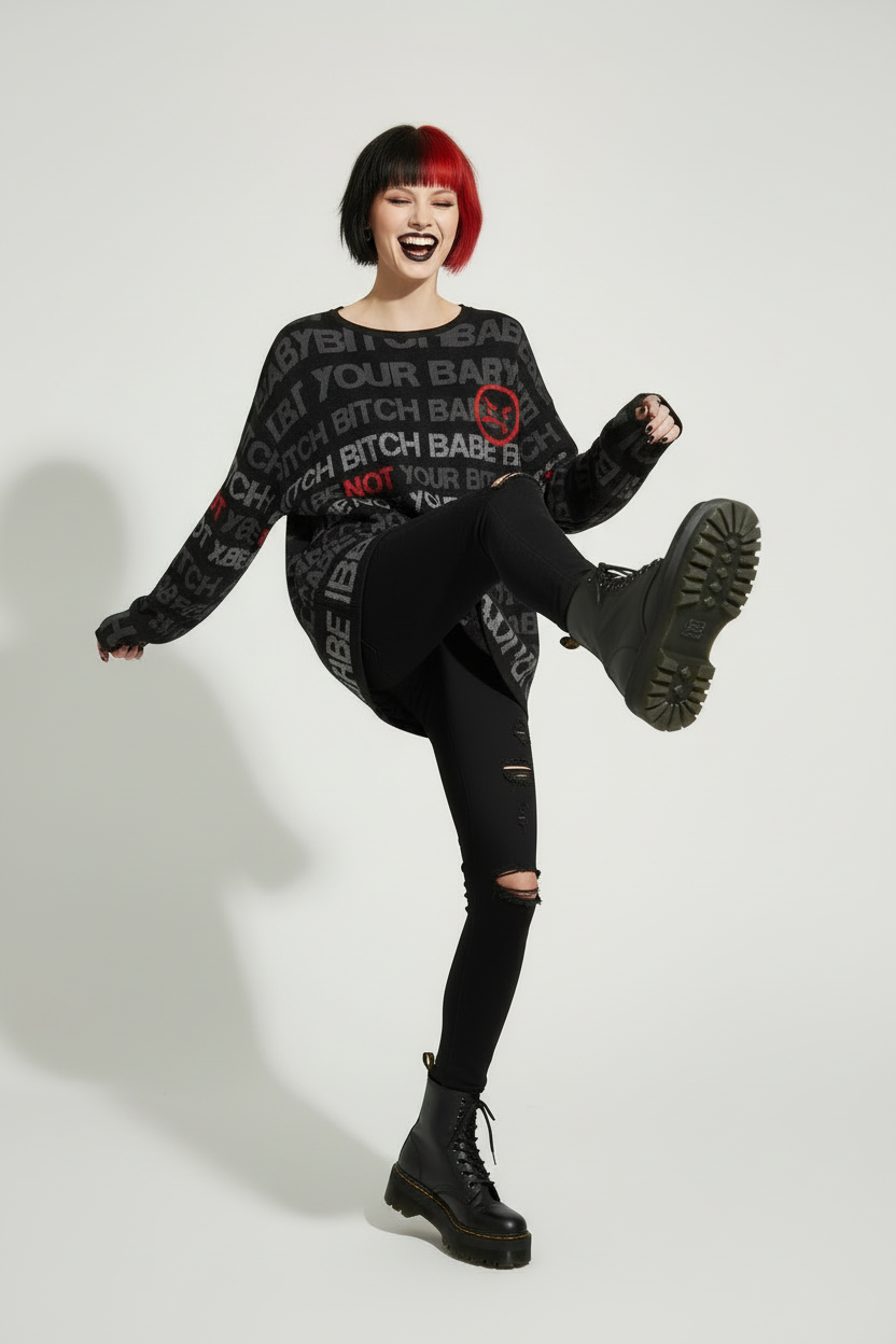 DARK URCHIN 'NOT YOUR B**CH' Grey & Red on Black. Women’s straight bottom knitted sweater. XL