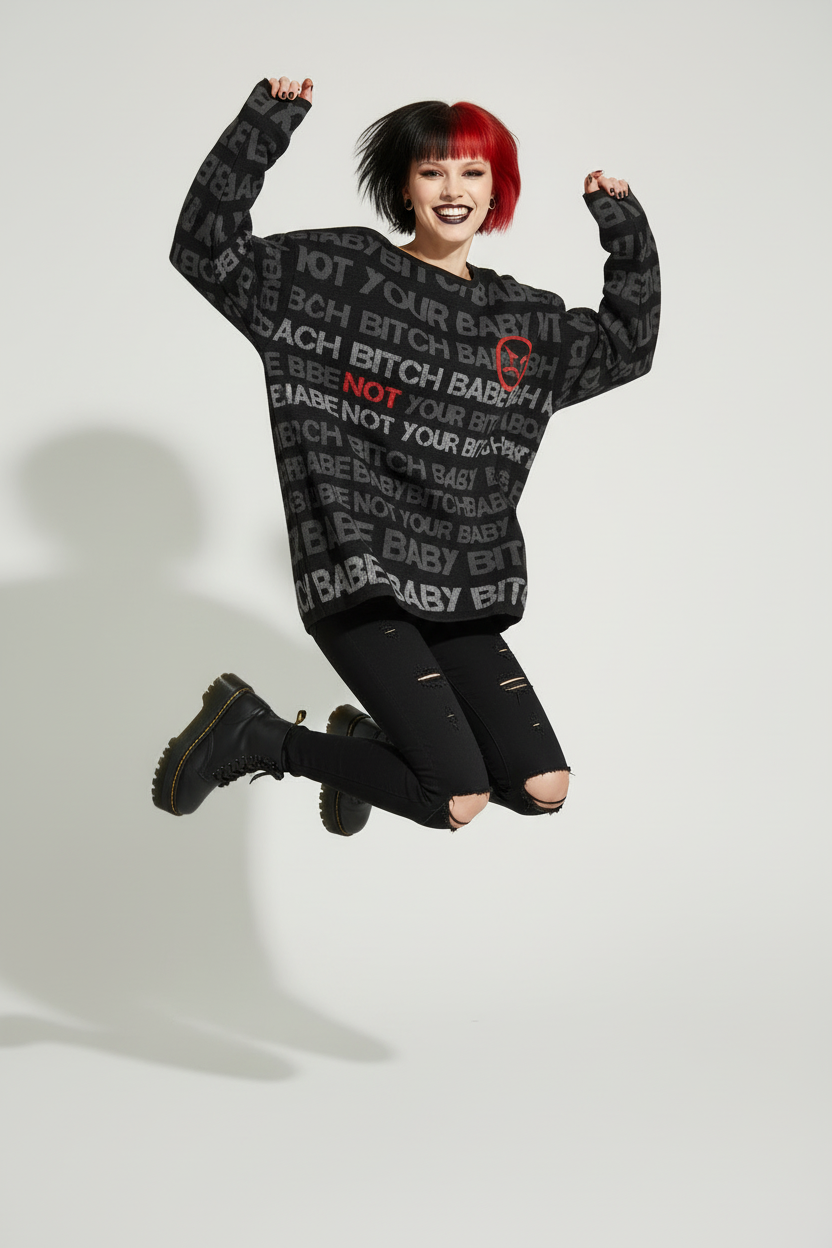 DARK URCHIN 'NOT YOUR B**CH' Grey & Red on Black. Women’s straight bottom knitted sweater. XL