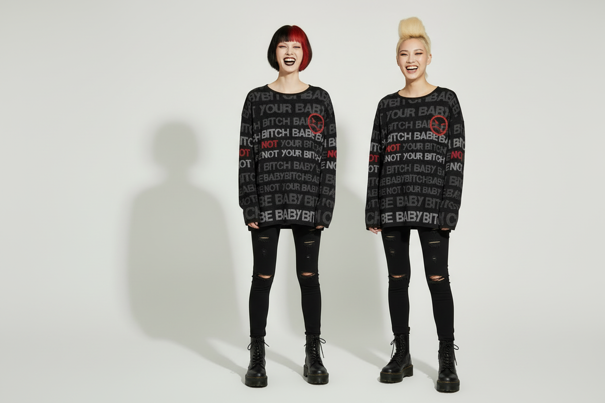 DARK URCHIN 'NOT YOUR B**CH' Grey & Red on Black. Women’s straight bottom knitted sweater. XL