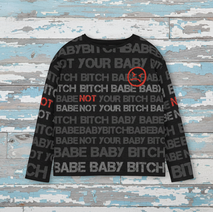 DARK URCHIN 'NOT YOUR B**CH' Grey & Red on Black. Women’s straight bottom knitted sweater. XL
