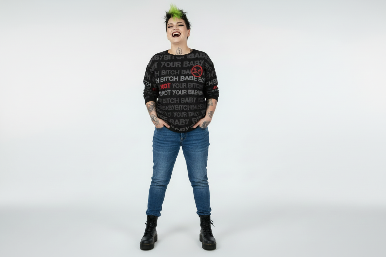 DARK URCHIN 'NOT YOUR B**CH' Grey & Red on Black. Women’s straight bottom knitted sweater. XL