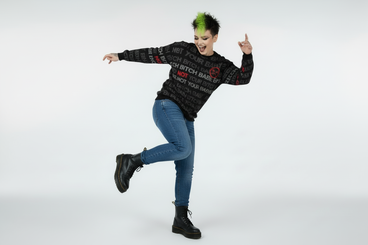 DARK URCHIN 'NOT YOUR B**CH' Grey & Red on Black. Women’s straight bottom knitted sweater. XL