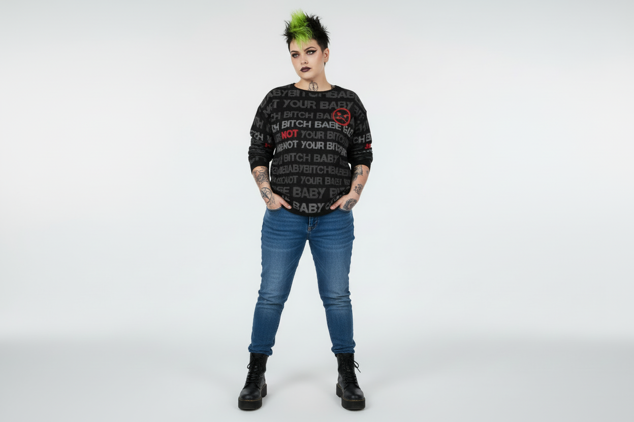 DARK URCHIN 'NOT YOUR B**CH' Grey & Red on Black. Women’s straight bottom knitted sweater. XL