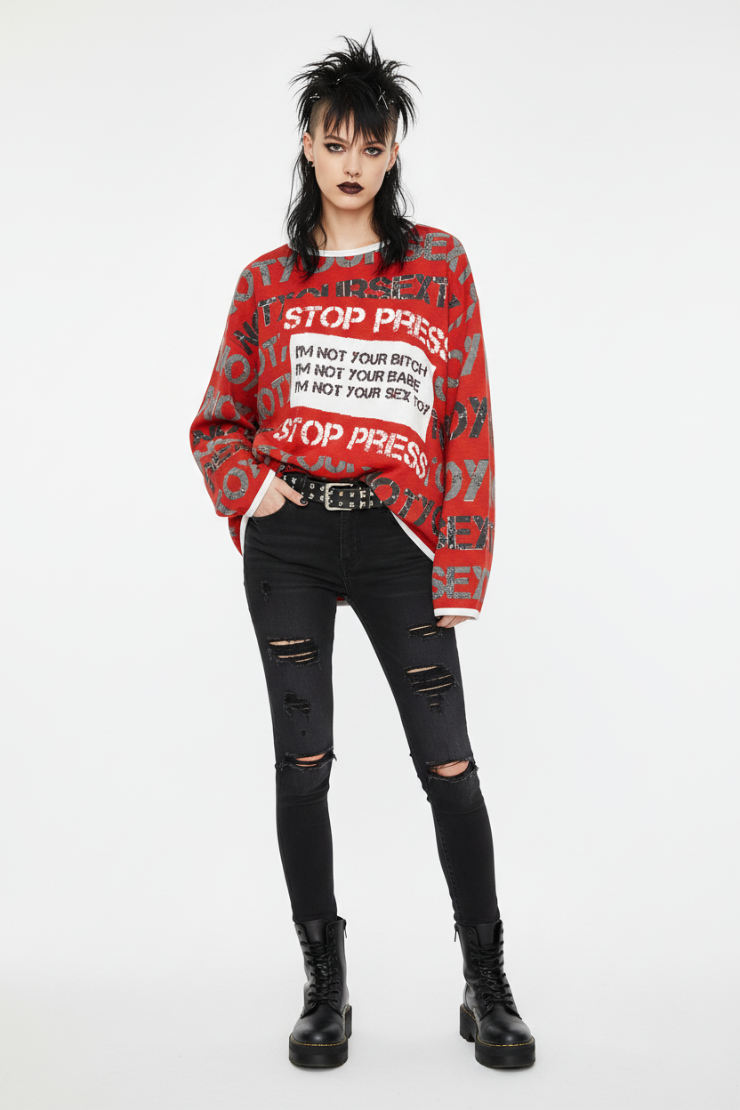 DARK URCHIN 'STOP PRESS NOT YOUR SEX TOY' Grey & Black on Red. Women’s straight bottom knitted sweater. XL