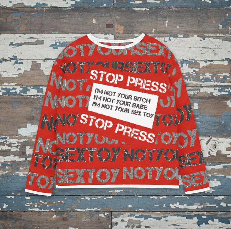 DARK URCHIN 'STOP PRESS NOT YOUR SEX TOY' Grey & Black on Red. Women’s straight bottom knitted sweater. XL