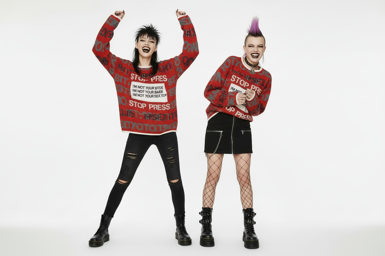 DARK URCHIN 'STOP PRESS NOT YOUR SEX TOY' Grey & Black on Red. Women’s straight bottom knitted sweater. XL