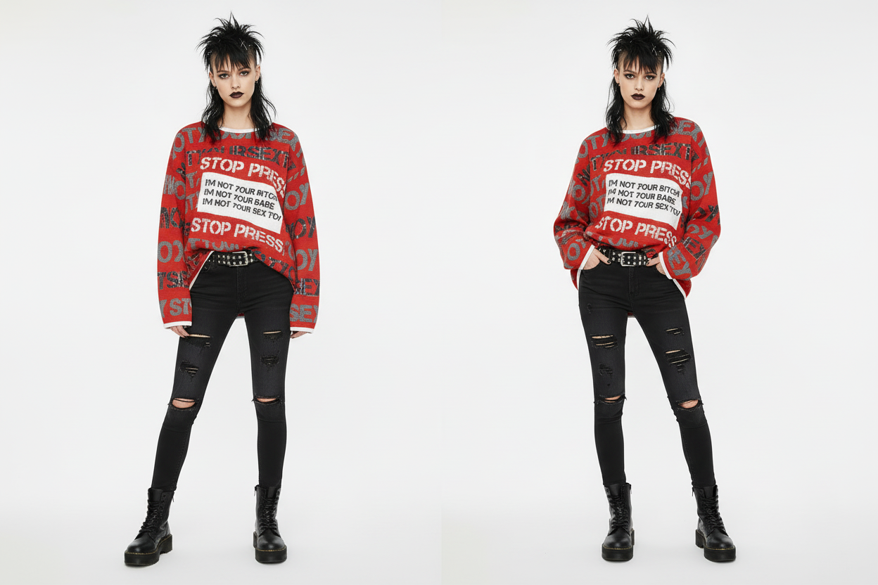 DARK URCHIN 'STOP PRESS NOT YOUR SEX TOY' Grey & Black on Red. Women’s straight bottom knitted sweater. XL