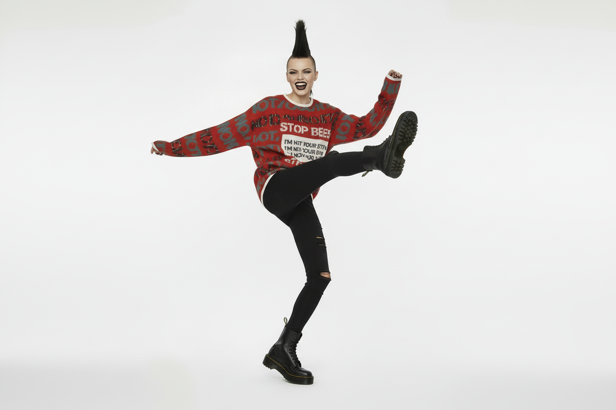 DARK URCHIN 'STOP PRESS NOT YOUR SEX TOY' Grey & Black on Red. Women’s straight bottom knitted sweater. XL
