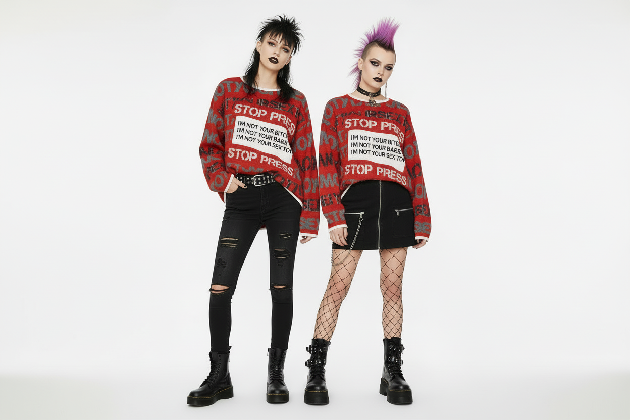 DARK URCHIN 'STOP PRESS NOT YOUR SEX TOY' Grey & Black on Red. Women’s straight bottom knitted sweater. XL