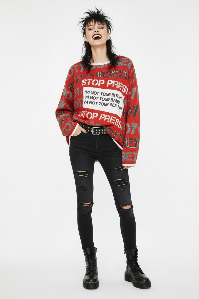 DARK URCHIN 'STOP PRESS NOT YOUR SEX TOY' Grey & Black on Red. Women’s straight bottom knitted sweater. XL
