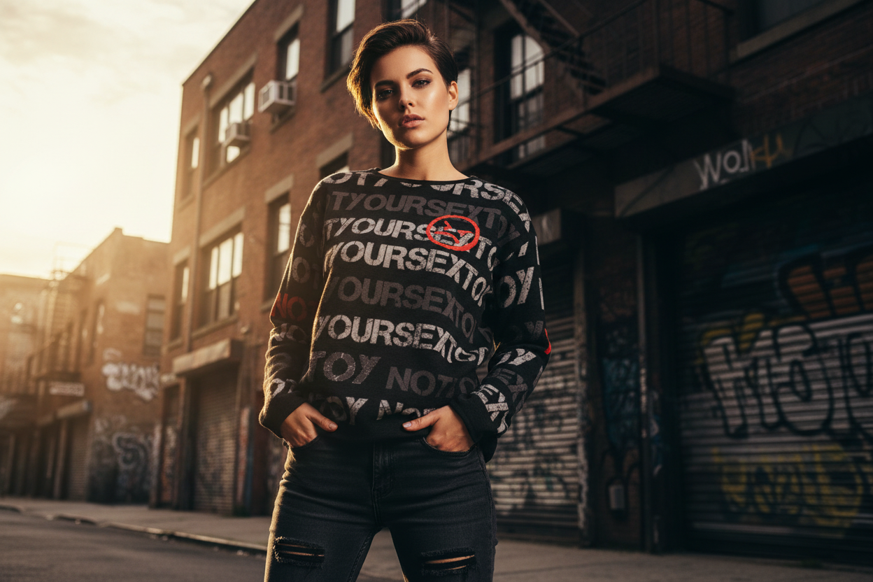 DARK URCHIN 'NOT YOUR SEX TOY' Grey & Red on Black. Women’s straight bottom knitted sweater.