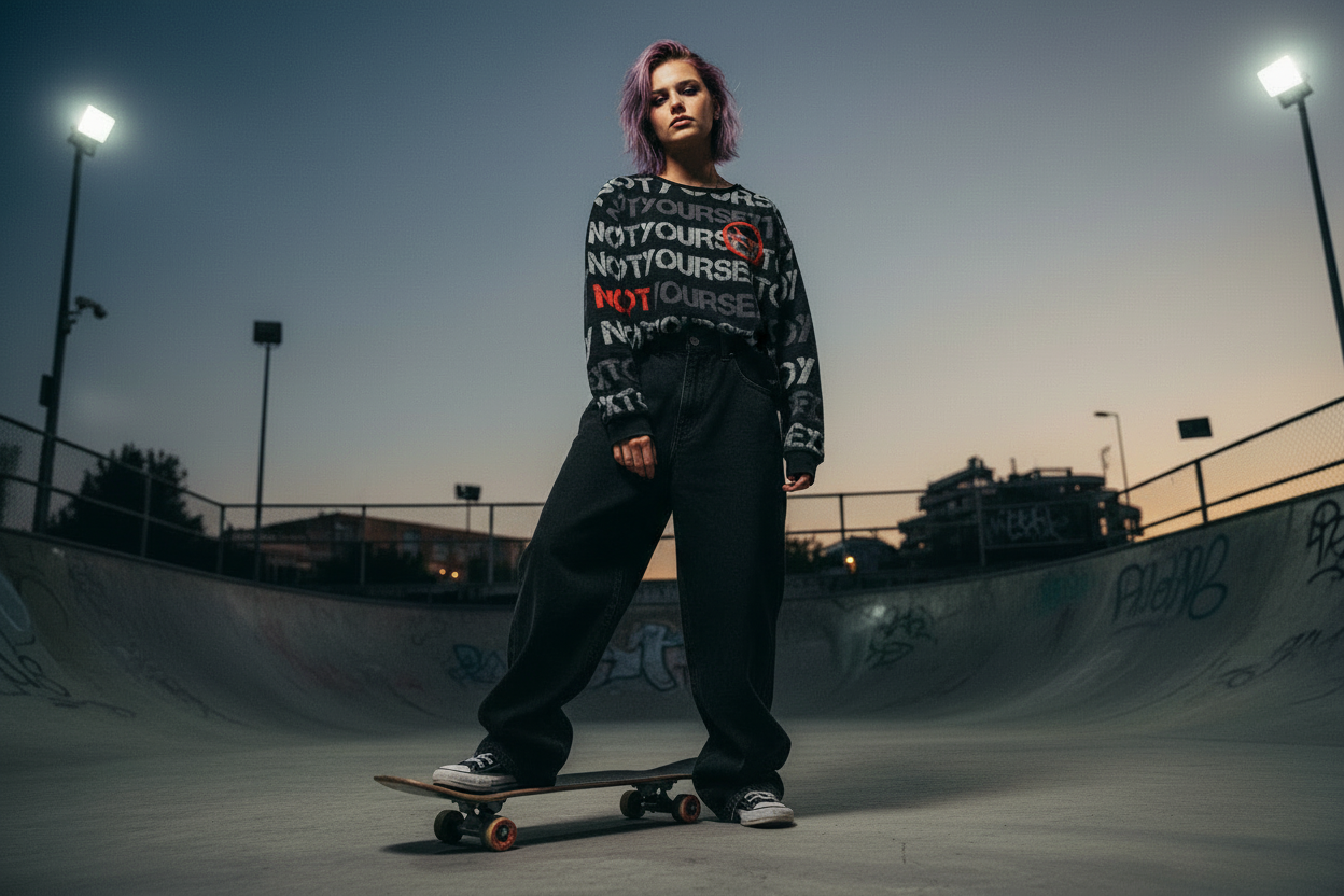 DARK URCHIN 'NOT YOUR SEX TOY' Grey & Red on Black. Women’s straight bottom knitted sweater.
