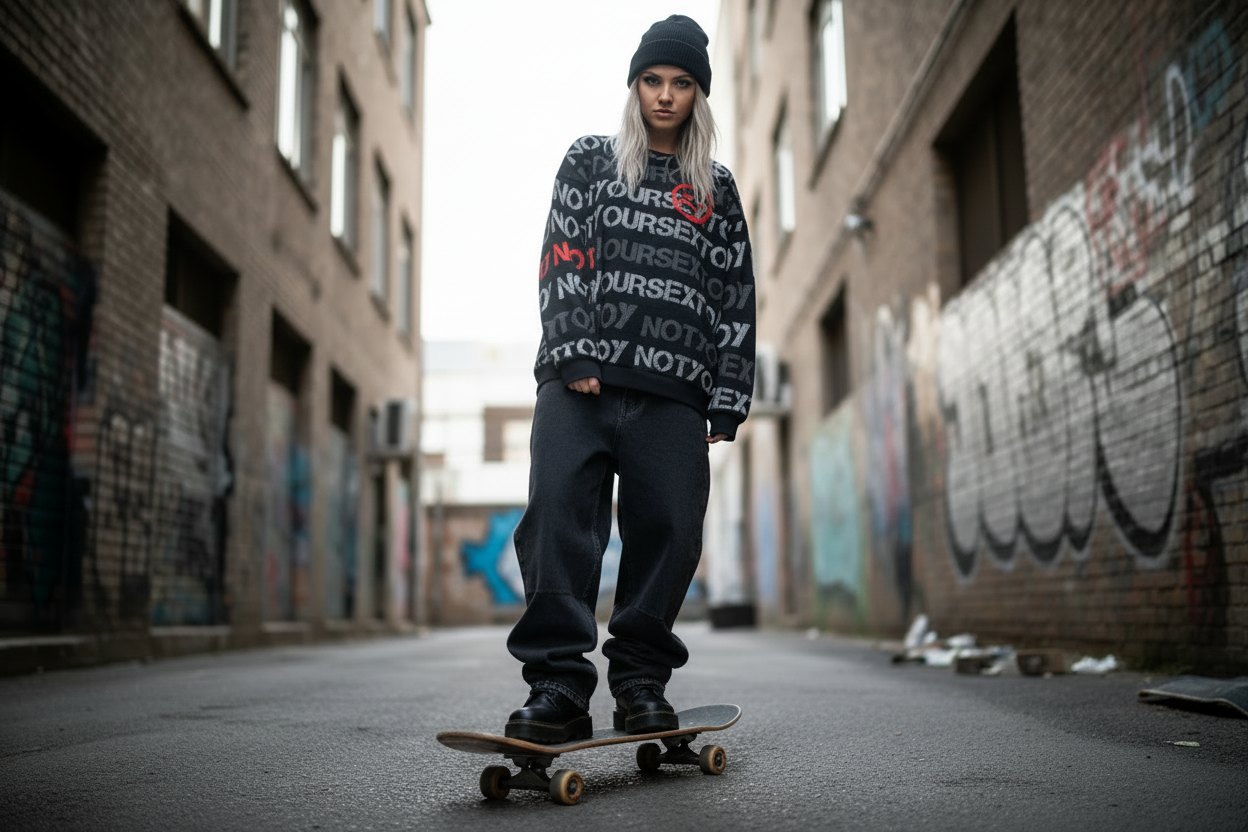 DARK URCHIN 'NOT YOUR SEX TOY' Grey & Red on Black. Women’s straight bottom knitted sweater.