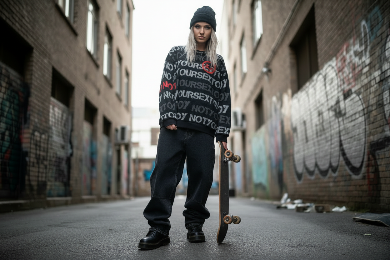 DARK URCHIN 'NOT YOUR SEX TOY' Grey & Red on Black. Women’s straight bottom knitted sweater.