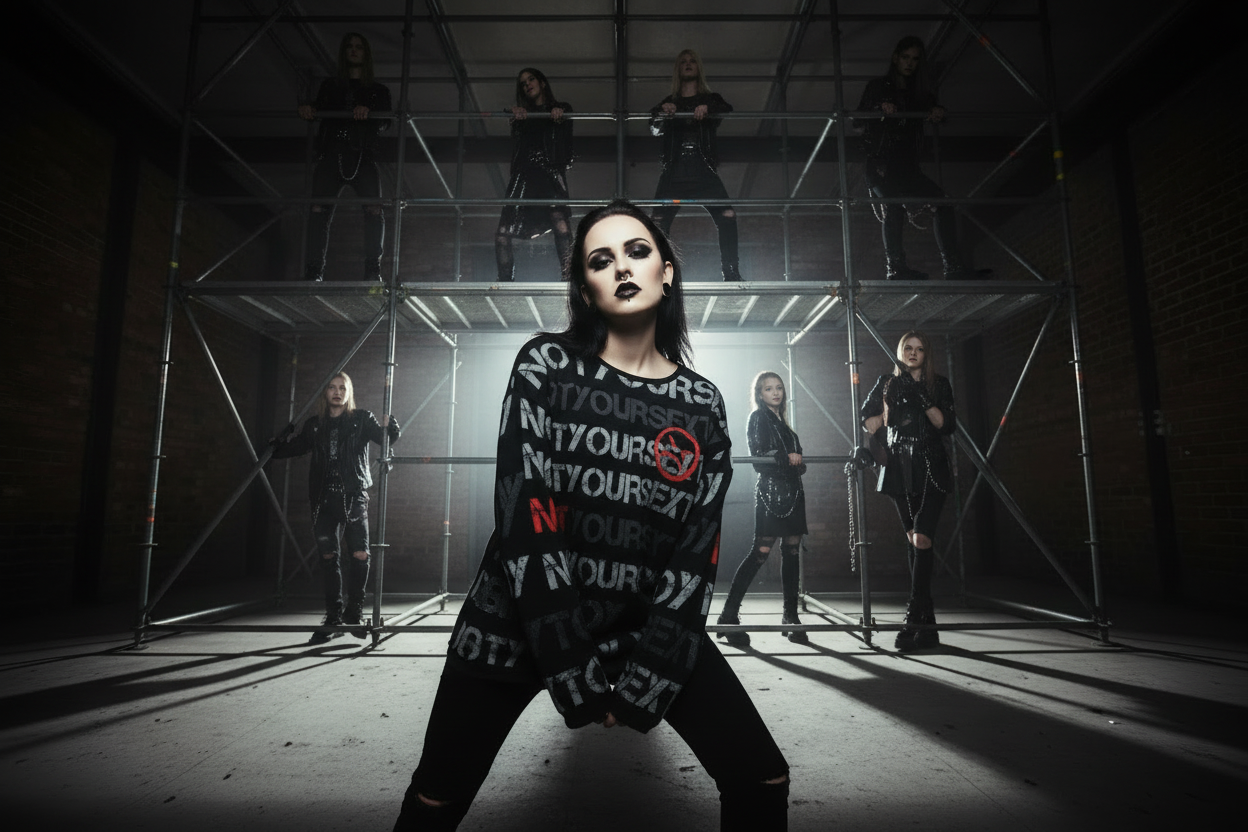 DARK URCHIN 'NOT YOUR SEX TOY' Grey & Red on Black. Women’s straight bottom knitted sweater.