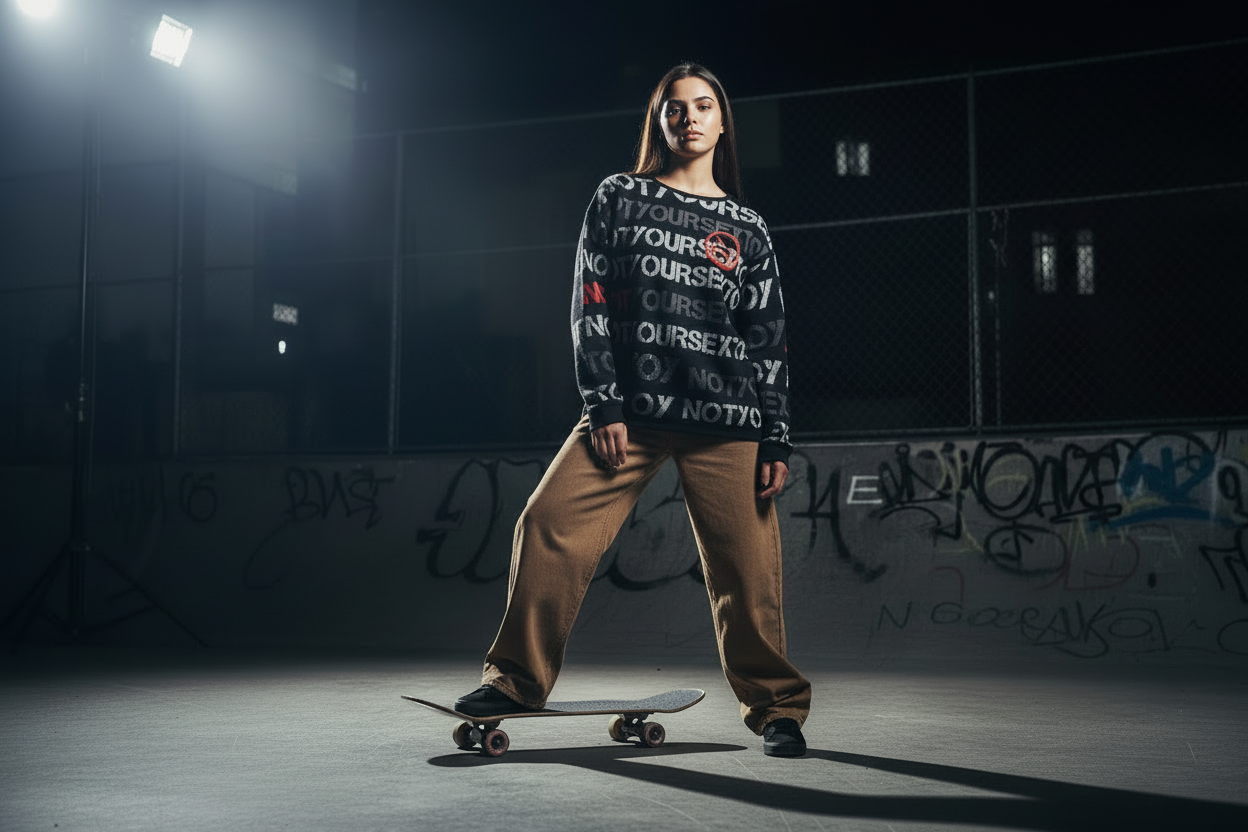 DARK URCHIN 'NOT YOUR SEX TOY' Grey & Red on Black. Women’s straight bottom knitted sweater.