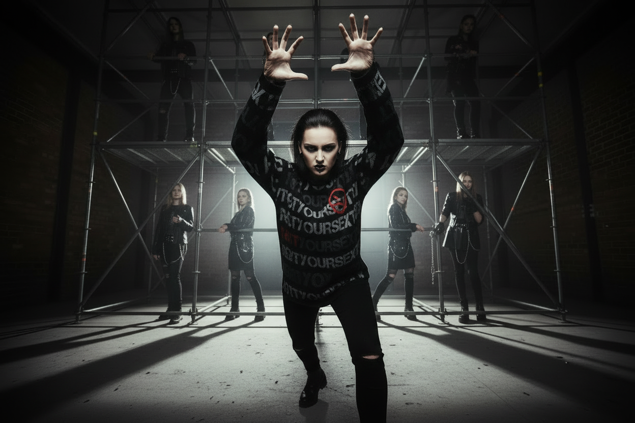DARK URCHIN 'NOT YOUR SEX TOY' Grey & Red on Black. Women’s straight bottom knitted sweater.