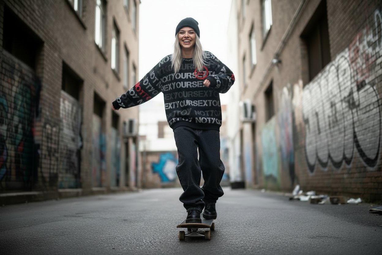 DARK URCHIN 'NOT YOUR SEX TOY' Grey & Red on Black. Women’s straight bottom knitted sweater.